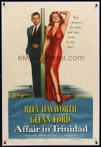 6s006 AFFAIR IN TRINIDAD linen style B 1sh '52 Rita Hayworth tells Glenn Ford he wasn't her first!