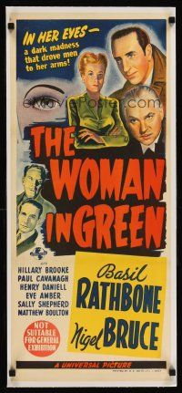6s211 WOMAN IN GREEN linen Aust daybill '45 stone litho of Basil Rathbone as Sherlock Holmes!