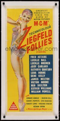 6s212 ZIEGFELD FOLLIES linen Aust daybill '45 wonderful full-length stone litho of sexy showgirl!