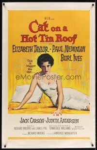 6s019 CAT ON A HOT TIN ROOF linen 1sh '58 classic artwork of Elizabeth Taylor as Maggie the Cat!