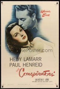 6s024 CONSPIRATORS linen 1sh '44 freedom fighter Paul Henreid nuzzles the hair of sexy Hedy Lamarr!