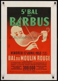 6s254 5E BAL DES BARBUS linen stage show French 15x23 poster '53 cool art of man with violin beard!