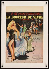 6s183 LA DOLCE VITA linen French 15x21 '61 Federico Fellini, Mastroianni, sexy Ekberg by Yves Thos!