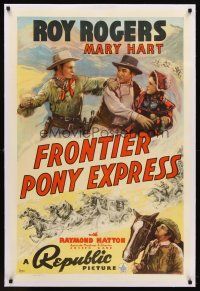 6s041 FRONTIER PONY EXPRESS linen 1sh '39 cool art of Roy Rogers saving Mary Hart from bad guy!