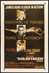 6s046 GOLDFINGER linen 1sh '64 three great images of Sean Connery as James Bond 007!