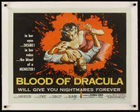 6s135 BLOOD OF DRACULA linen 1/2sh '57 cool horror art of female vampire Sandra Harrison attacking!