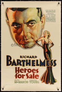 6s052 HEROES FOR SALE linen 1sh '33 sexiest art of Loretta Young & veteran-turned-addict Barthelmess