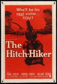 6s053 HITCH-HIKER linen 1sh '53 classic POV image of hitchhiker in back seat pointing gun at front!