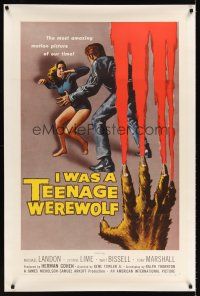 6s057 I WAS A TEENAGE WEREWOLF linen 1sh '57 AIP classic, great art of monster attacking sexy babe!