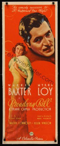 6s132 BROADWAY BILL linen insert '34 Frank Capra, art of Warner Baxter & full-length Myrna Loy!
