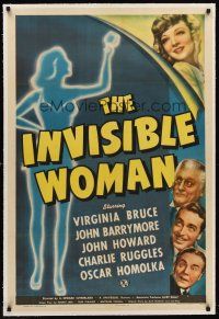 6s059 INVISIBLE WOMAN linen 1sh '40 FX art of Virginia Bruce, John Barrymore & sexy silhouette!