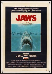 6s063 JAWS linen 1sh '75 art of Steven Spielberg's classic man-eating shark attacking sexy swimmer!