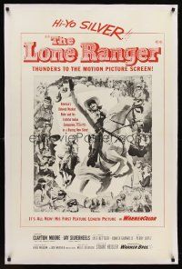 6s068 LONE RANGER linen military 1sh '56 art of Clayton Moore & Silver leaping out of the poster!