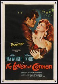 6s072 LOVES OF CARMEN linen 1sh '48 wonderful romantic art of sexy Rita Hayworth & Glenn Ford!
