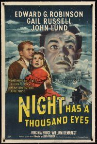 6s082 NIGHT HAS A THOUSAND EYES linen 1sh '48 Edward G. Robinson is a clairvoyant posing as fake!