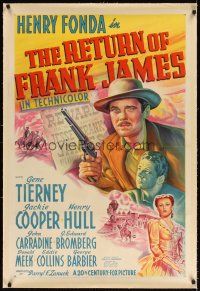 6s096 RETURN OF FRANK JAMES linen 1sh '40 stone litho of Henry Fonda & Gene Tierney, Fritz Lang!