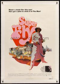 6s110 SUPER FLY linen 1sh '72 great artwork of Ron O'Neal with car & girl sticking it to The Man!
