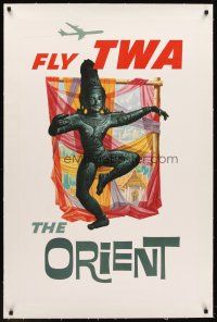 6s215 FLY TWA THE ORIENT linen travel poster '60s cool Asian statue artwork by David Klein!