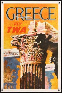 6s216 GREECE FLY TWA linen travel poster '50s cool art of the Greek ruins by David Klein!