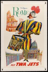 6s218 ROME FLY TWA JETS linen travel poster '60s David Klein art of colorful soldier!