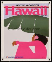6s221 UNITED VACATIONS HAWAII linen travel poster '85 art of Hawaiian native woman by P. Hopper!