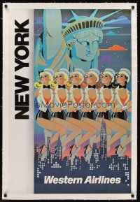 6s222 WESTERN AIRLINES NEW YORK linen travel poster '70s art of The Rockettes by Dick Ellescas!