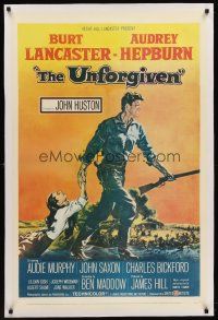 6s120 UNFORGIVEN linen 1sh '60 Burt Lancaster, Audrey Hepburn, directed by John Huston!