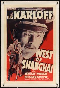 6s122 WEST OF SHANGHAI linen 1sh '37 great super close headshot of Asian Boris Karloff!