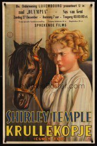 6t247 CURLY TOP Dutch '36 wonderful stone litho art of cute Shirley Temple shushing her horse!