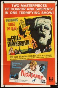 6t028 EVIL OF FRANKENSTEIN/NIGHTMARE 1sh '64 two masterpieces of horror & suspense in one show!