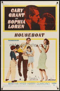 6t041 HOUSEBOAT 1sh '58 romantic close up of Cary Grant & beautiful Sophia Loren + with kids!