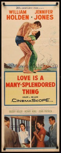 6t187 LOVE IS A MANY-SPLENDORED THING insert '55 romantic art of William Holden & Jennifer Jones!