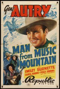 6t052 MAN FROM MUSIC MOUNTAIN 1sh '38 great close up of smiling Gene Autry, Smiley with guitar!