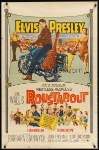 6t075 ROUSTABOUT 1sh '64 roving, restless, reckless Elvis Presley on motorcycle with guitar!