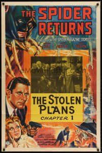6t084 SPIDER RETURNS chapter 1 1sh '41 cool serial artwork with masked hero, The Stolen Plans!