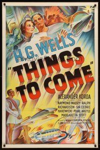 6t094 THINGS TO COME 1sh '36 William Cameron Menzies, H.G. Wells, best stone litho sci-fi art!