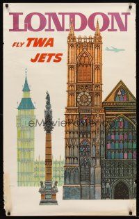 6t246 LONDON FLY TWA JETS travel poster '60s cool art of English landmarks by David Klein!