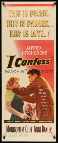 6w011 I CONFESS insert '53 Alfred Hitchcock, art of Montgomery Clift shaking Anne Baxter!