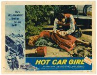 6x413 HOT CAR GIRL LC #8 '58 Richard Bakalyan kneels by June Kennedy after car crash!