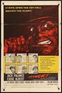 6y046 ATTACK 1sh '56 Robert Aldrich, art of WWII soldier Jack Palance pulling grenade pin!