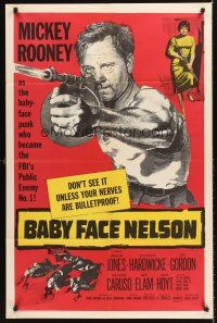 6y049 BABY FACE NELSON 1sh '57 great art of Public Enemy No. 1 Mickey Rooney firing tommy gun!