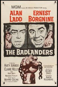 6y054 BADLANDERS 1sh R60s cool art of Alan Ladd, Ernest Borgnine and shackled fist holding chain!