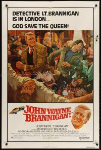 6y116 BRANNIGAN 1sh '75 Douglas Hickox, great art of fighting John Wayne in England!