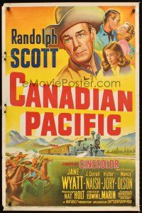 6y137 CANADIAN PACIFIC 1sh '49 wonderful stone litho art of cowboy Randolph Scott, Jane Wyatt!