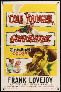 6y164 COLE YOUNGER GUNFIGHTER 1sh '58 cool huge close up of cowboy Frank Lovejoy with smoking gun!