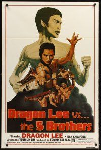6y237 DRAGON LEE VS THE 5 BROTHERS 1sh '78 Wu da di zi, kung fu Bruce Lee ripoff art by Marcus!