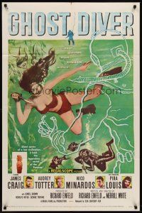 6y336 GHOST DIVER 1sh '57 artwork of scuba divers chasing sexy skindiving Audrey Totter w/knife!