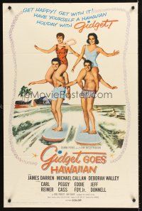 6y339 GIDGET GOES HAWAIIAN 1sh '61 best image of two guys surfing with girls on their shoulders!