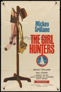 6y342 GIRL HUNTERS style B 1sh '63 Mickey Spillane pulp fiction, cool different art of coat rack!