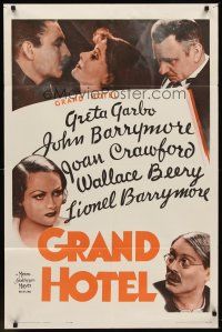 6y358 GRAND HOTEL 1sh R62 Greta Garbo, John & Lionel Barrymore, Joan Crawford, Wallace Beery